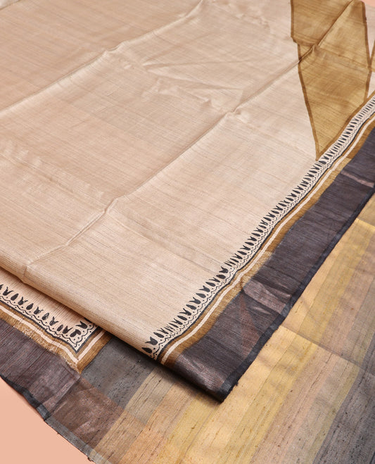 Sandal Tussar Silk Saree, Uniquely Detailed with Abstract-Style Geometric Print on Its Body, Complemented by a Contrast Border, Multi-Color Ombre-Style Striped Pallu, and Paired with a Contrast Blouse