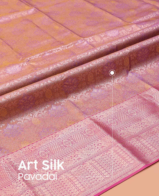 Brown Art Silk Pavadai Material Set, Beautifully Accentuated with Jacquard Design on Its Skirt, Complemented by a Contrast Traditional Zari Design Border, and Paired with a Matching  Blouse