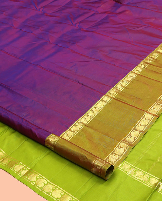 Purple Dual-tone Plain Kanchipuram Silk Saree, Complemented by a Contrast Rettai Pettu Border of Manga  and Mayil Design, Pallu of Zari Design, and Contrast Blouse