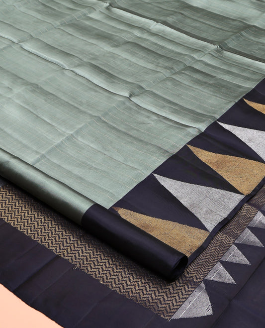 Grey Mayuri Soft Silk Saree, Subtly Sparkled with Stripes, Contrast Temple Border, Pallu of Vanki Designs, and a Contrast  Blouse