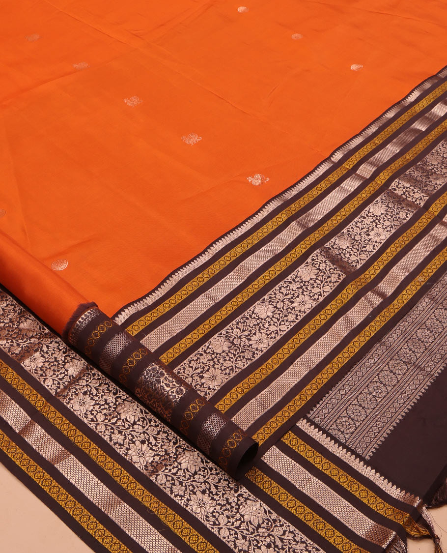 Orange Mayil-Chakram Buttas Vasundhara Lite Silk Mix Saree, Contrast Traditional Zari Border, and a Contrast Blouse