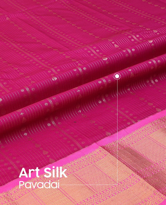 Pink Art Silk Pavadai Material Set, Featuring Zari Designs All Over the Skirt, Complemented by a Contrast Traditional Zari Design Border, and Paired with a Contrast Blouse