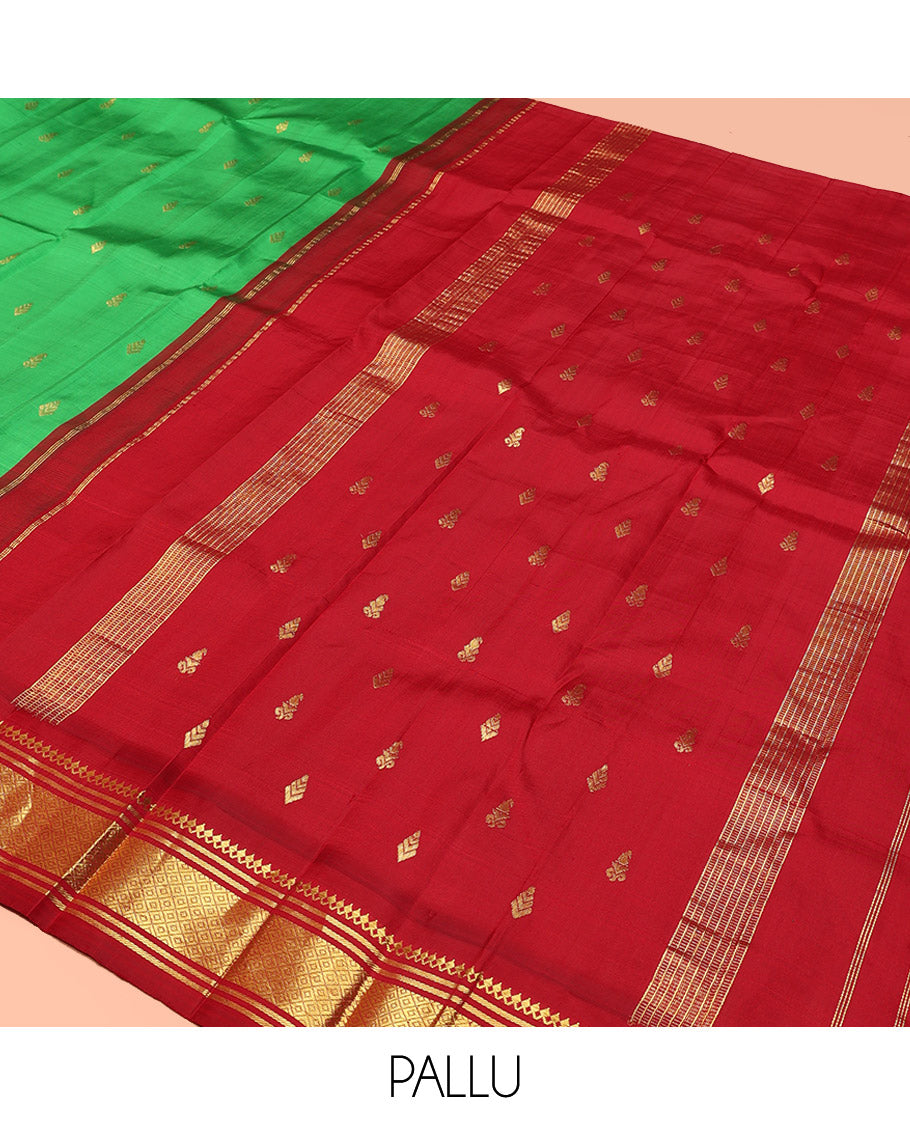 Green Kanchipuram Silk Saree, Decorated with Zari Buttas, Contrast Korvai Border of Thilakam Mokku, Banaras, and Mayil Kann, Pallu of Zari Design, and No Blouse