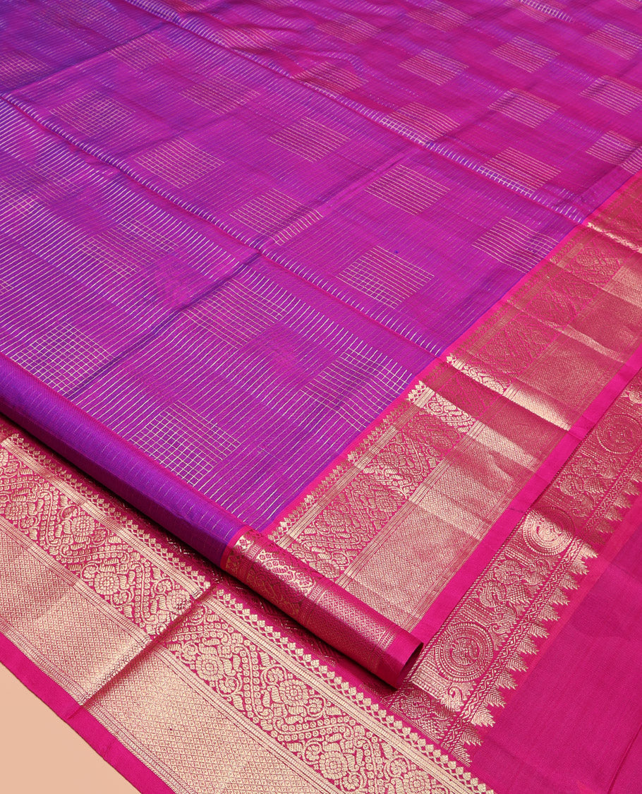 Purple Venkatagiri Silk Saree, Richly Detailed with Zari Checks All Over Its Body, Complemented by a Contrast Traditional Zari Design Border, Grand Pallu, and Paired with a Matching Blouse