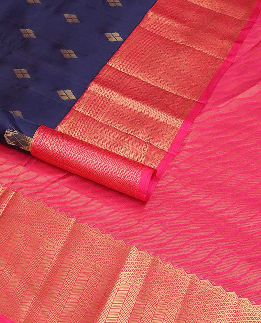 Blue geometric buttas vasundhara elite silk saree with contrast intricate zari design border & wave design pallu