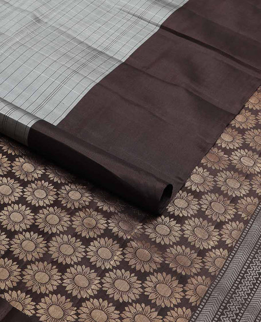 Grey checked, floral design mayuri soft silk saree with contrast sunflower design border & floral design pallu