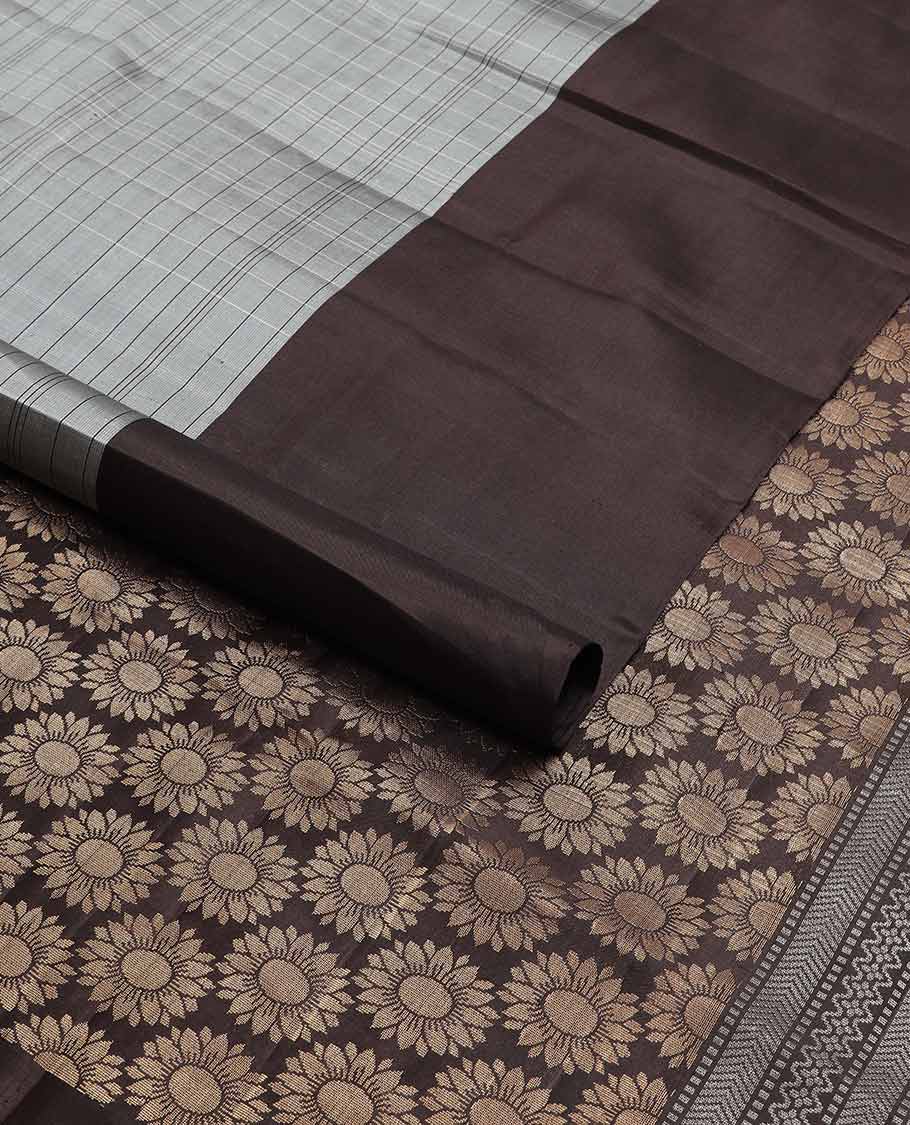 Grey checked, floral design mayuri soft silk saree with contrast sunflower design border & floral design pallu