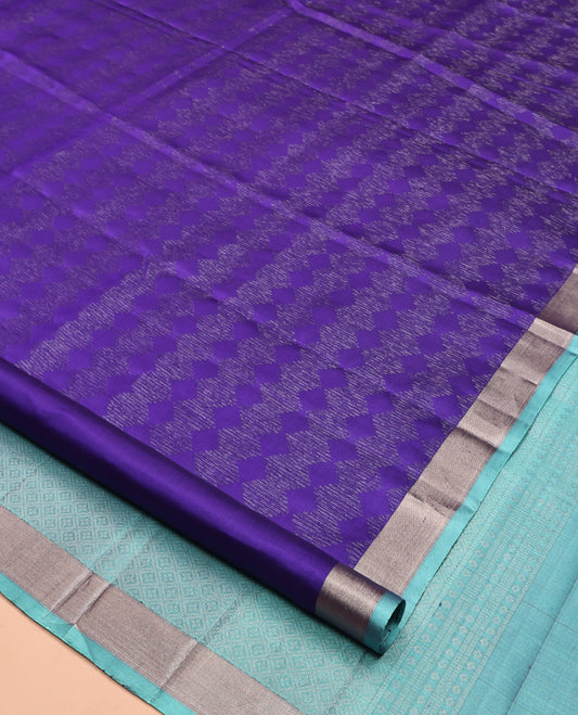 Blue Mayuri Soft Silk Saree, Sparsely Sparked with Zari Designs On Its Body, Complemented by Contrast Bavanji Border, Grand Jaal Pallu and Paired with a Contrast Blouse