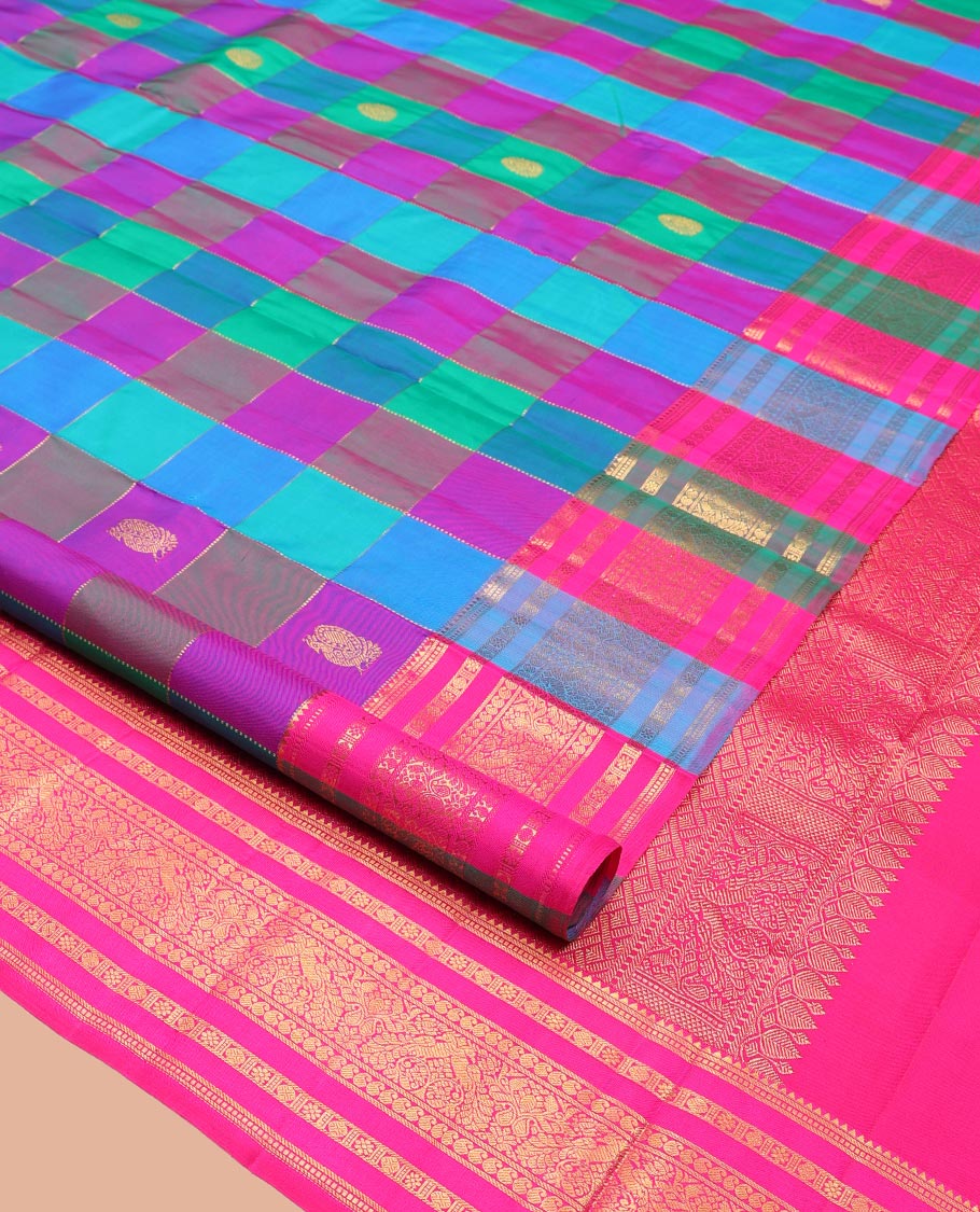 Multi-Color Palum Pazhamum Kattam Kanchipuram Silk Saree Features Mayil-Chakram Buttas, a Traditional Zari Border, Grand Jaal Pallu, and Contrast Blouse