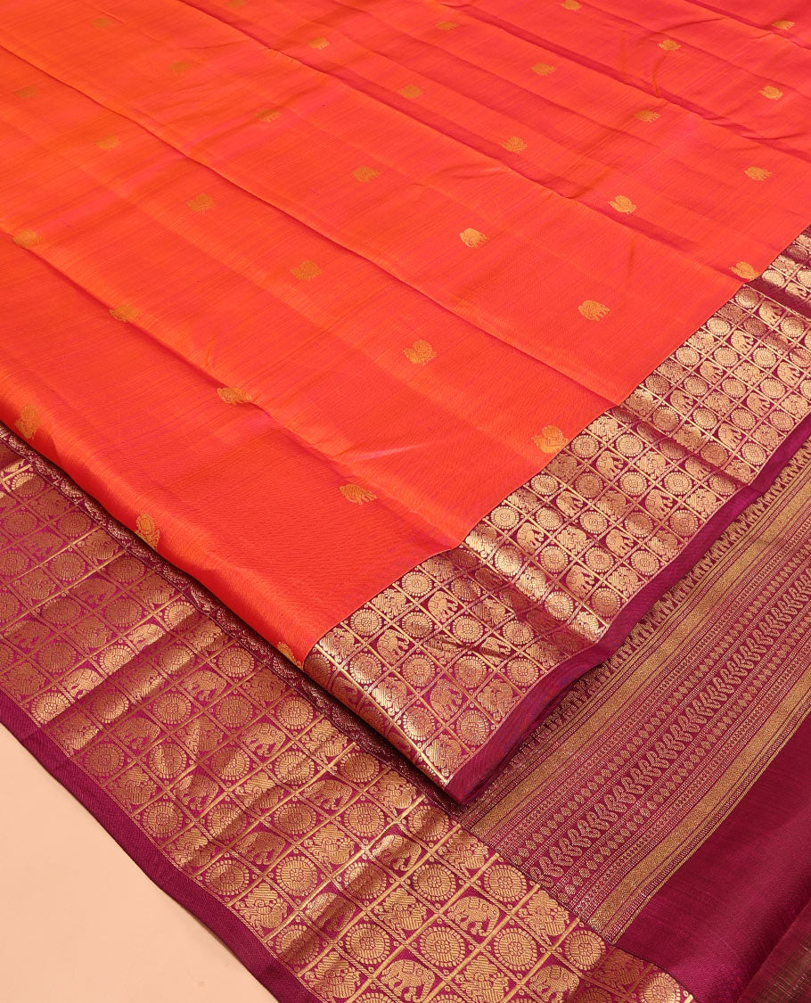 Orange Vasundhara Silk Saree, Woven with Mayil-Yaanai Buttas, Contrast Mayil-Yaanai Chakra-Enclosed Checked Border, Grand Pallu, and a Contrast Blouse