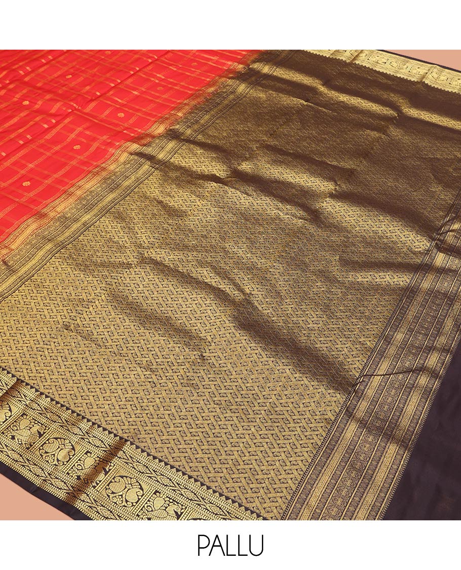 Orange Vasundhara Silk Saree, Richly Detailed with Zari Butta Enclosed Checks All Over Its Body, Complemented by a Contrast Border of Rekku, Muthu, Banaras, Mayil, and Manga Designs, Grand Pallu, and Paired with a Contrast Blouse