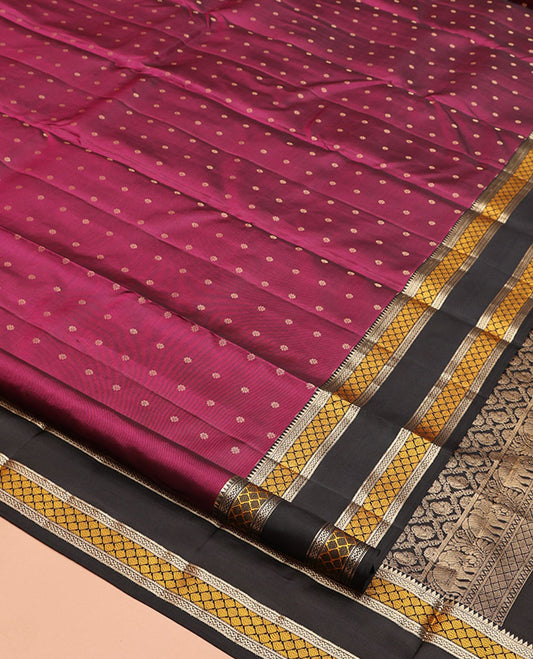 Magenta Vasundhara Silk Saree, Woven with Zari Buttas, Contrast Rettai Pettu Border of Rekku, Neli, and Jaal, Grand Pallu, and Contrast Blouse