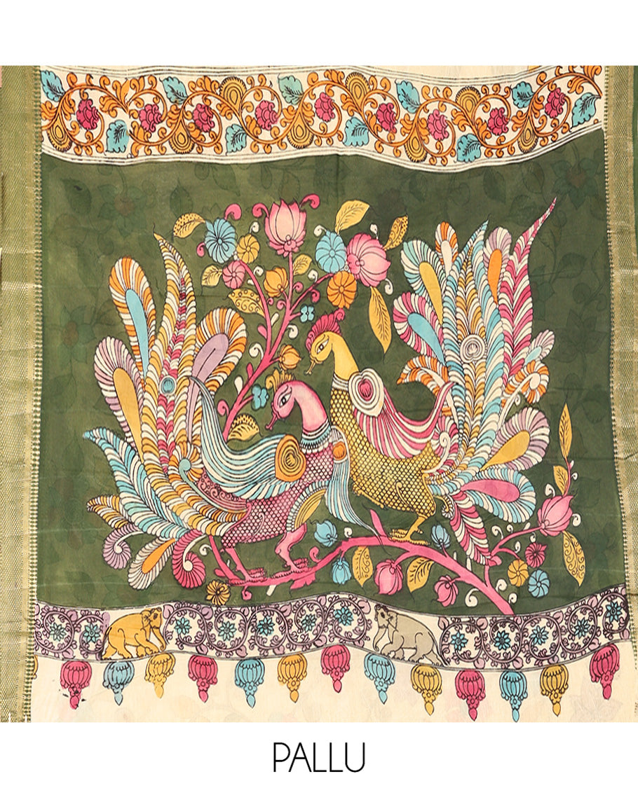 Light Yellow Kalamkari Silk Saree, Elegantly Framed with Floral Vine Print, a Contrast Traditional Zari Border, Pallu Features Peacocks, and a Contrast Blouse