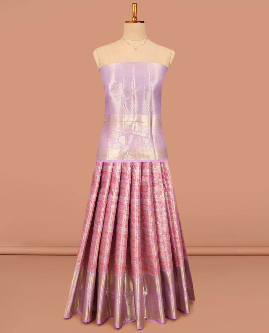 Light Rust Art Silk Material Half-Saree Set, Embellished with Warli-Theme Jacquard Skirt, Complemented by Contrast Traditional Zari Border, Paired with a Jacquard Blouse, and Paisley Designs Woven Dhavani
