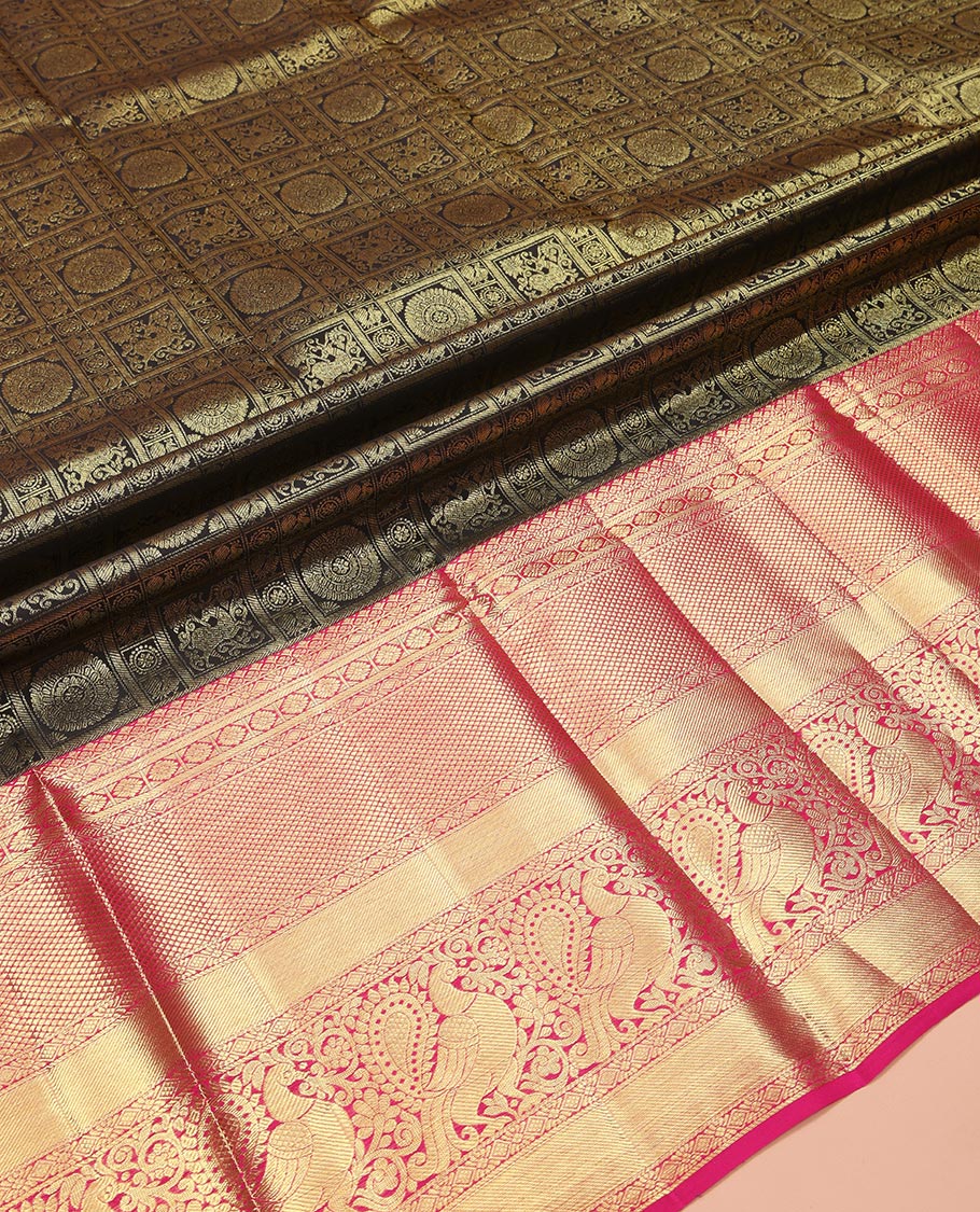 Black Pure Silk Half-Saree, Decorated with Butta Enclosed Checks All Over Its Skirt, Complemented by a Contrast Border of Diamond, Mayil Kann, and Mayil Designs, Paired with a Contrast Blouse, and Comes with a Jaal Design Dhavani