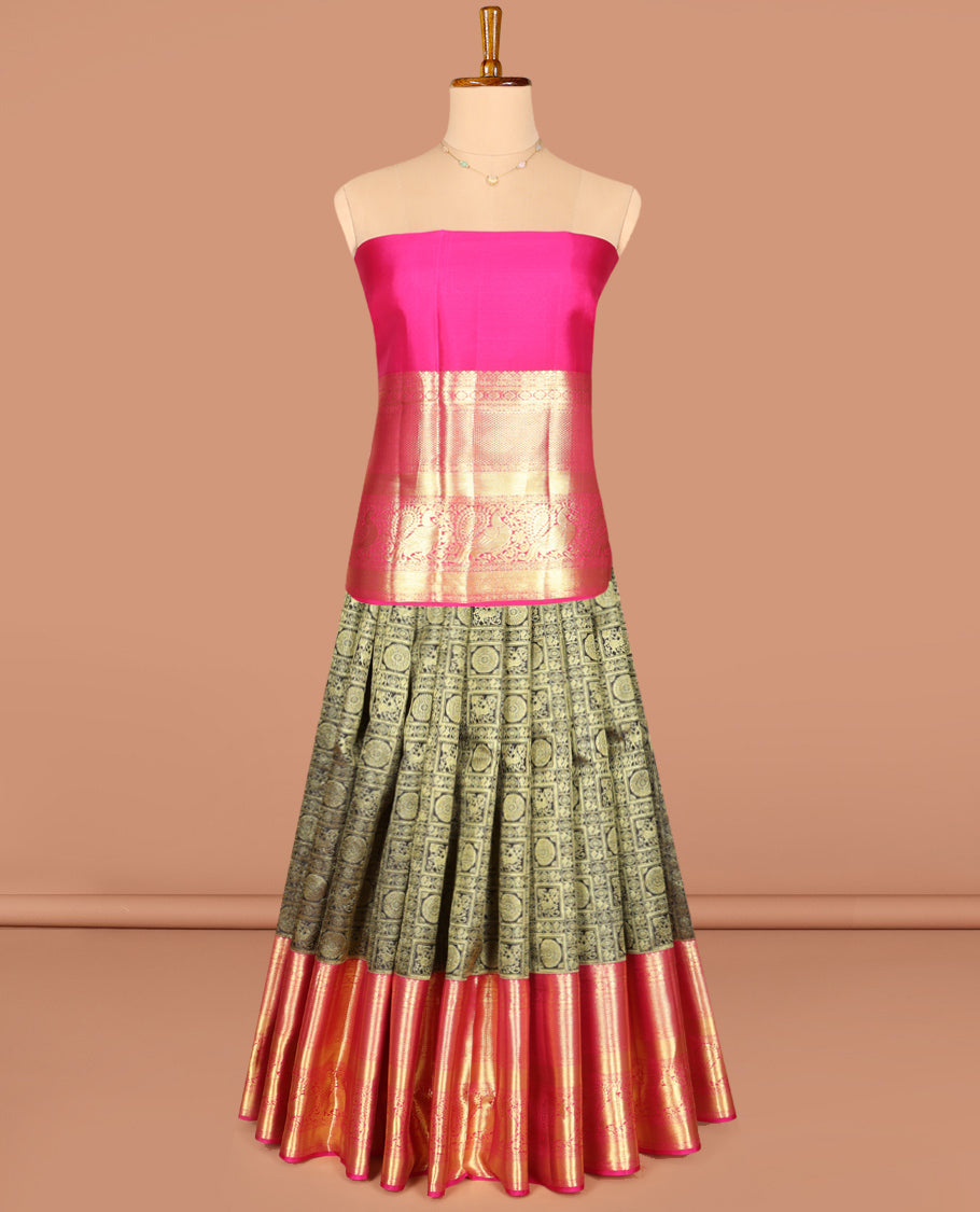 Black Pure Silk Half-Saree, Decorated with Butta Enclosed Checks All Over Its Skirt, Complemented by a Contrast Border of Diamond, Mayil Kann, and Mayil Designs, Paired with a Contrast Blouse, and Comes with a Jaal Design Dhavani