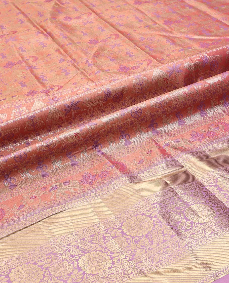 Light Rust Art Silk Material Half-Saree Set, Embellished with Warli-Theme Jacquard Skirt, Complemented by Contrast Traditional Zari Border, Paired with a Jacquard Blouse, and Paisley Designs Woven Dhavani