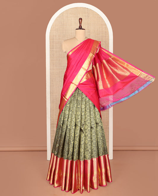 Black Pure Silk Half-Saree, Decorated with Butta Enclosed Checks All Over Its Skirt, Complemented by a Contrast Border of Diamond, Mayil Kann, and Mayil Designs, Paired with a Contrast Blouse, and Comes with a Jaal Design Dhavani