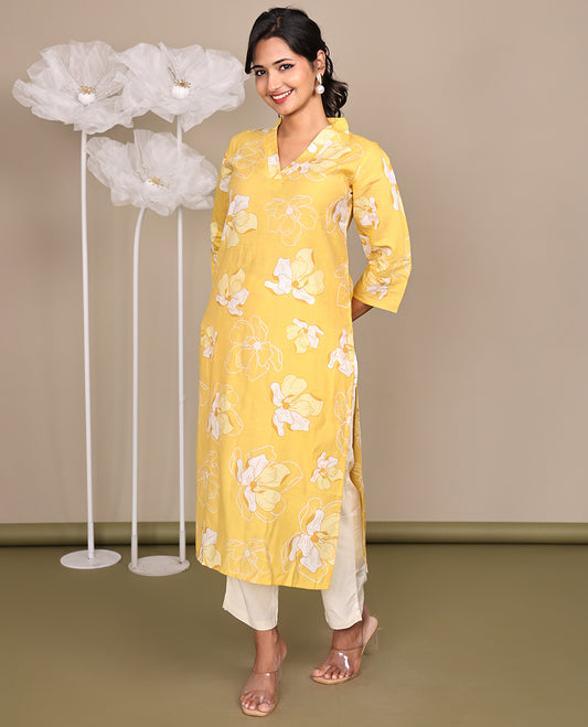 Yellow Flower Motifs Printed Below-Knee-Length Cotton Kurti, Adorned with V-Neckline, 3/4 Sleeves, Straight Cut Length