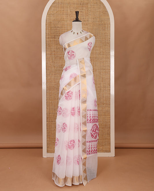 White-pink circular motifs printed mercerised cotton saree, gold zari temple  border, circular motifs printed pallu & matching zari border blouse