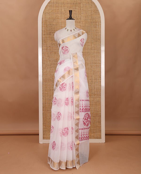White-pink circular motifs printed mercerised cotton saree, gold zari temple  border, circular motifs printed pallu & matching zari border blouse