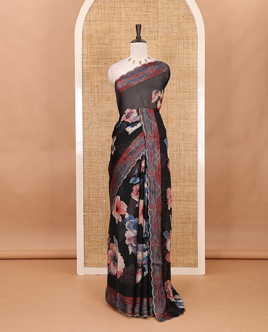 Black floral printed sitara shimmer saree, printed scallop swarovski stone work border & contrast digital printed blouse