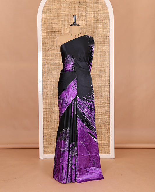 Borderless black and violet peacock feathers style abstract printed Gajji silk saree, peacock feathers printed pallu, and a contrast printed blouse
