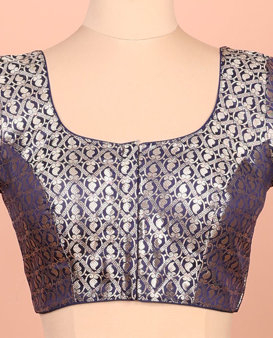 Navy blue paisleys-theme jacquard front-back round neck elbow-sleeve readymade blouse