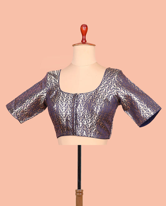 Navy blue paisleys-theme jacquard front-back round neck elbow-sleeve readymade blouse