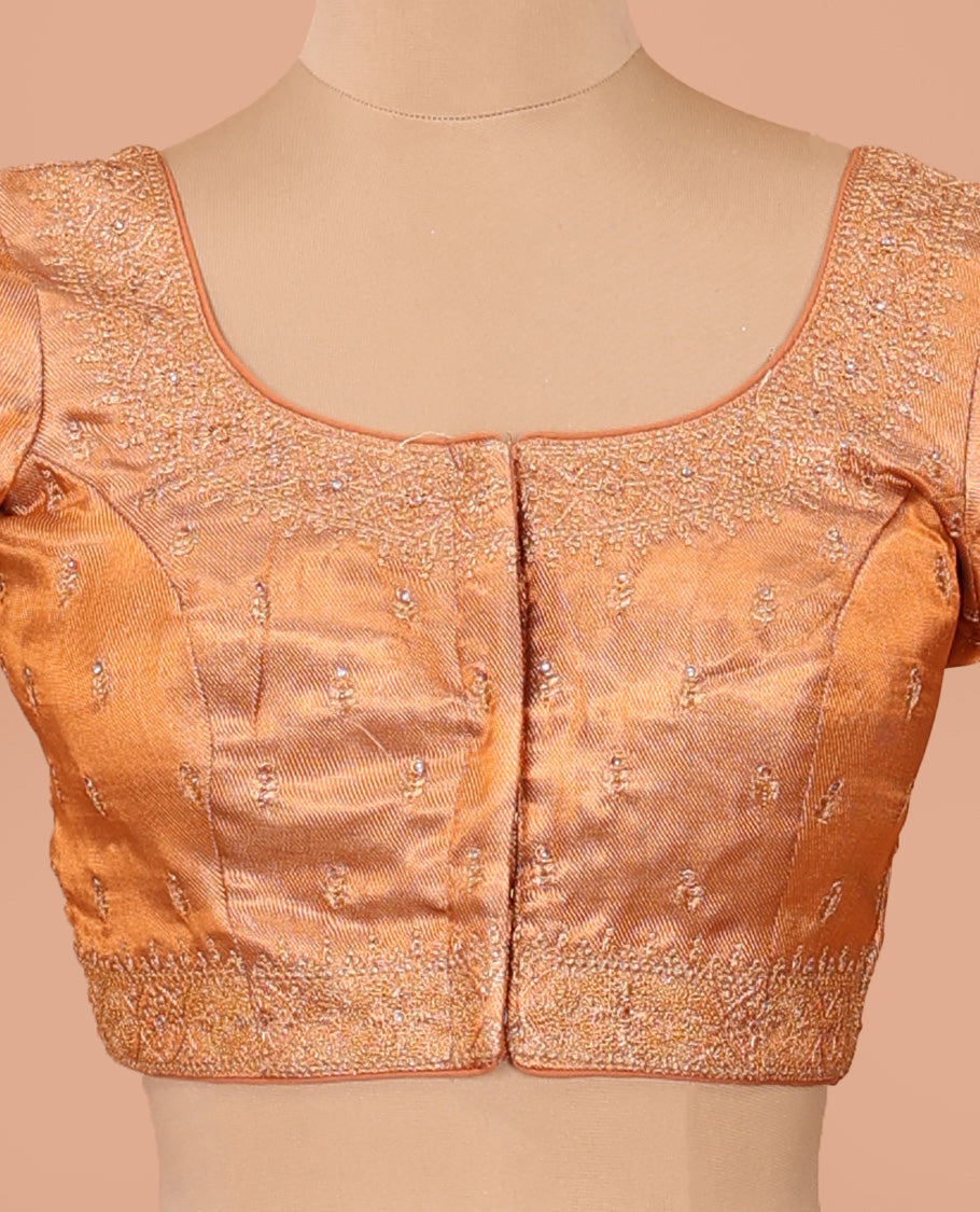Orange thread embroidered front-back round neck elbow sleeve blouse