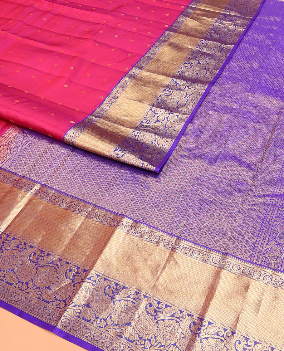 Magenta Vasundhara Lite Silk Mix Saree Decked Up with Zari Buttas, Featuring a Contrast Border of Kodi Visiry, Kuyil Kann, and Manga Designs, Intricately Zari Woven Pallu, and a Contrast Blouse