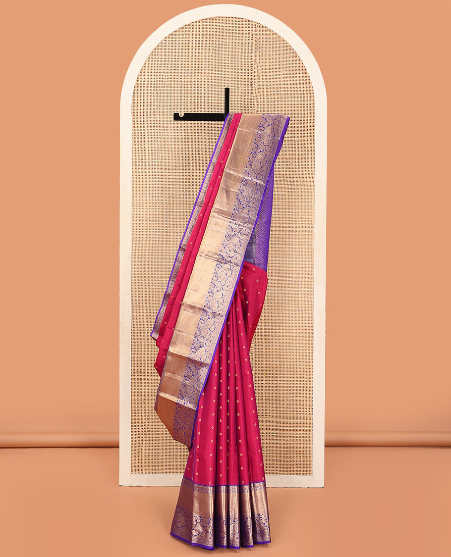 Magenta Vasundhara Lite Silk Mix Saree Decked Up with Zari Buttas, Featuring a Contrast Border of Kodi Visiry, Kuyil Kann, and Manga Designs, Intricately Zari Woven Pallu, and a Contrast Blouse