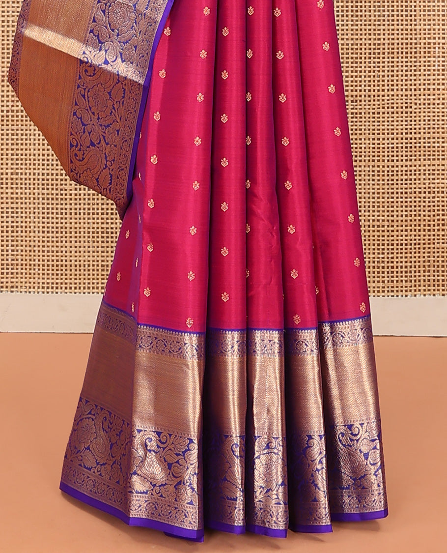 Magenta Vasundhara Lite Silk Mix Saree Decked Up with Zari Buttas, Featuring a Contrast Border of Kodi Visiry, Kuyil Kann, and Manga Designs, Intricately Zari Woven Pallu, and a Contrast Blouse