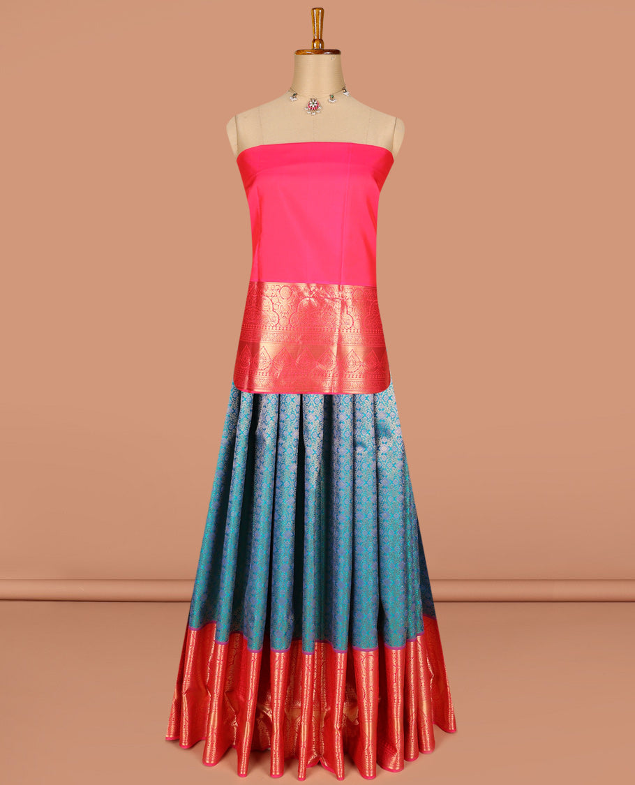 Peacock blue pure silk half-saree,  jacquard skirt, contrast traditional zari border, matching zari blouse, and zari design dhavani