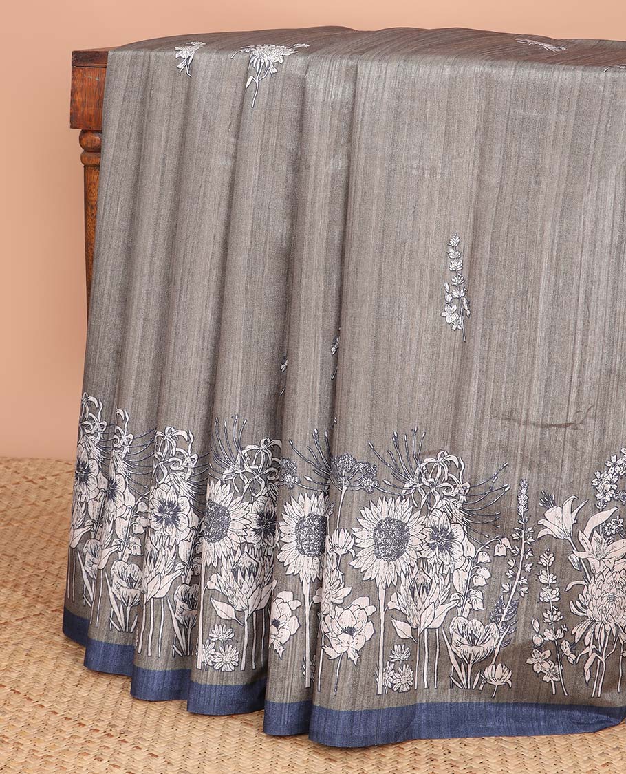 Brown floral digital printed semi-banaras tussar saree with contrast plain border