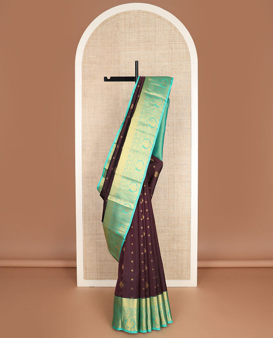 Brown zari buttas vasundhara silk mix saree, contrast ogee pallu & border of rekku,mayil kann, floral & mayil designs