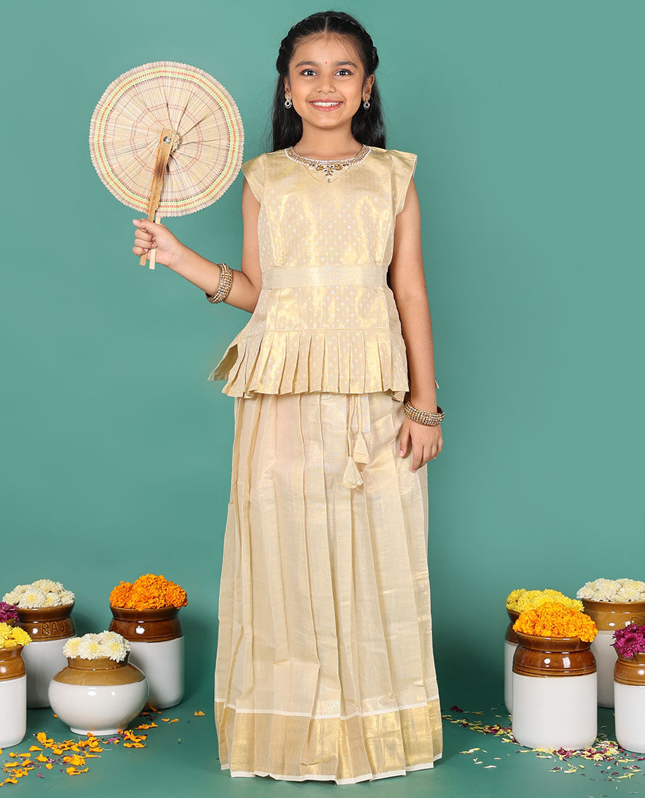 Kerala cream readymade art silk pavadai, zari border skirt & jacquard embroidered round neck sleeveless blouse