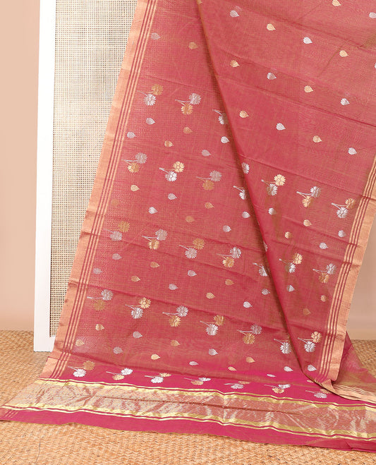 Dusty red floral motifs chanderi cotton saree with self zari design border & striped pallu