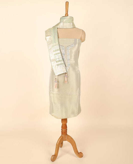 Green material chudidhar set, embroidered top, plain bottom & floral & peacock print & embroidered dupatta