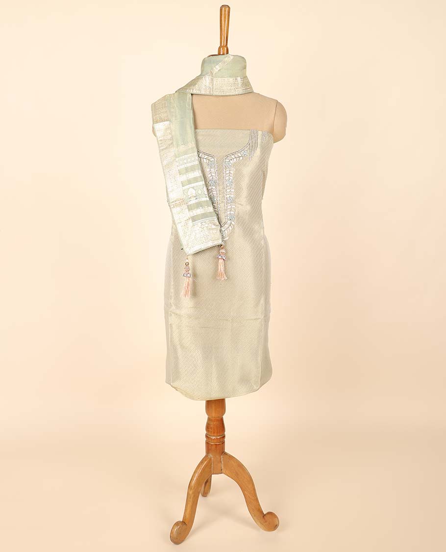 Green material chudidhar set, embroidered top, plain bottom & floral & peacock print & embroidered dupatta