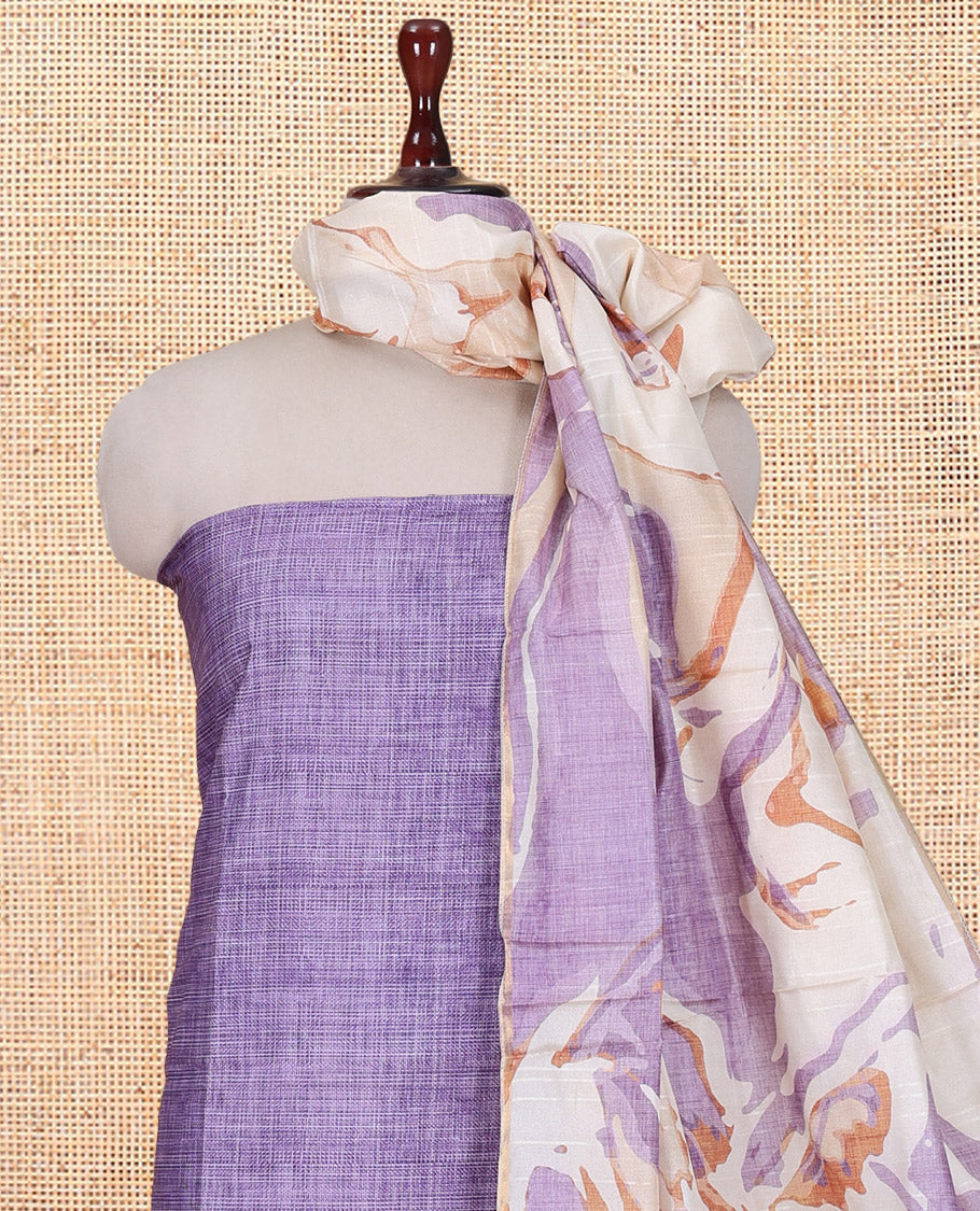 Lavender Semi-Bhagalpur Cotton Material Churidar Features Plain Top, a Santoon Bottom, and Contrast Abstract Printed Dupatta