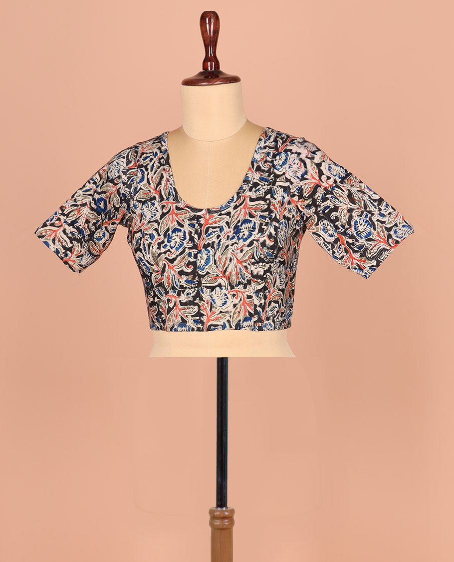 Black Readymade Blouse Delicately Printed with Floral Motifs, Featuring a Front Round-Neck, a Back Round Neck, and Elbow Sleeves