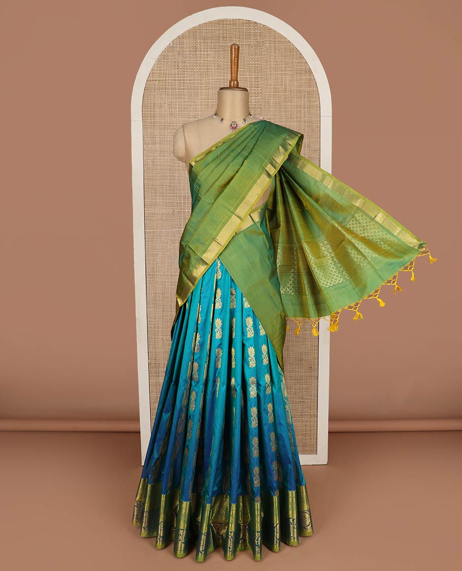 Blue pure-silk half-saree, zari buttas with contrast mayil chakra bordered skirt, contrast zari design blouse, and mat textured dhavani