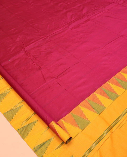 Red Plain Bangalore Silk Saree, Complemented by a Contrast Temple Border, Pallu of Stripes, and a Contrast Blouse