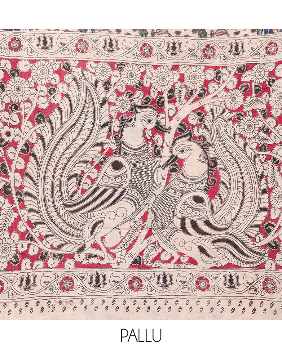 Sandal Kalamkari Cotton Saree, Elevated with Animal and Floral Motif Print, Contrast Printed Border, Kalamkari Peacock Motifs Pallu, and a Matching Blouse