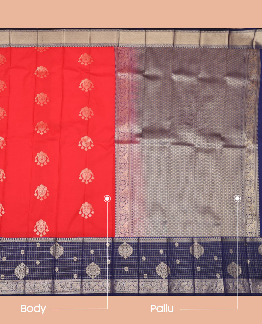 Red Budget Silk Saree, Beautifully Bedecked with Jhumki Zari Buttas All Over Its Body, Complemented by Contrast Traditional Zari Designs Woven Border, Grand Jaal Pallu and Paired with a Contrast Blouse