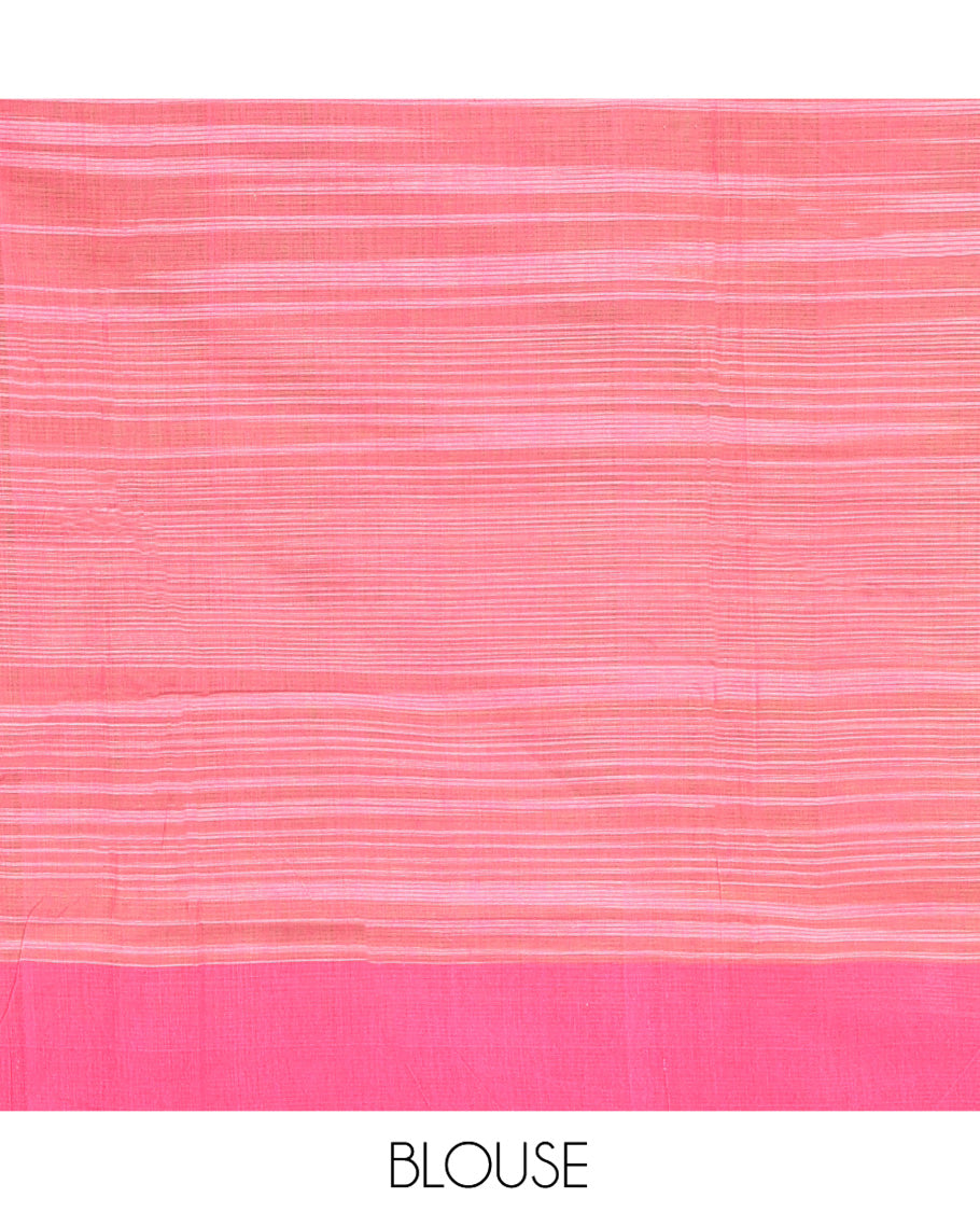 Green Heathered Textured Mangalgiri Cotton Saree, Complemented by Contrast Border, Striped Pallu, and Paired with a Contrast Blouse