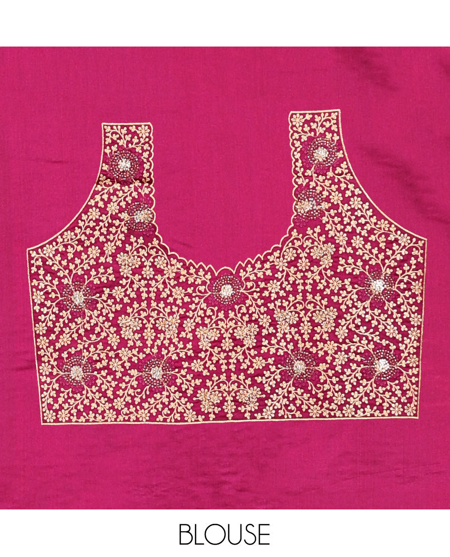 Red Wine Banarasi Satin Saree, Opulently Embellished with Floral Jaal Jacquard, a Floral Creeper Border, Intricate Stonework Pallu, and a Matching Blouse