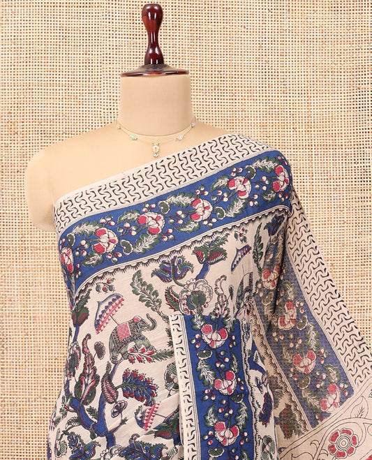 Sandal Kalamkari Cotton Saree, Elevated with Animal and Floral Motif Print, Contrast Printed Border, Kalamkari Peacock Motifs Pallu, and a Matching Blouse