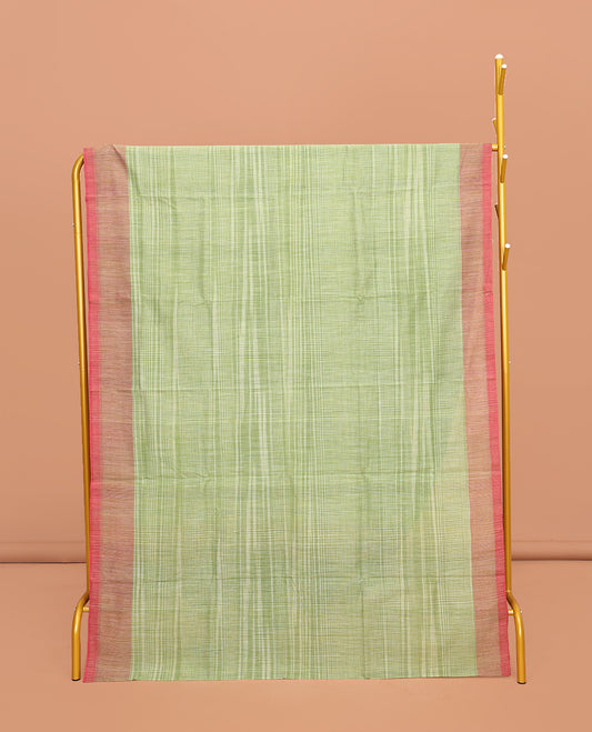 Green Heathered Textured Mangalgiri Cotton Saree, Complemented by Contrast Border, Striped Pallu, and Paired with a Contrast Blouse